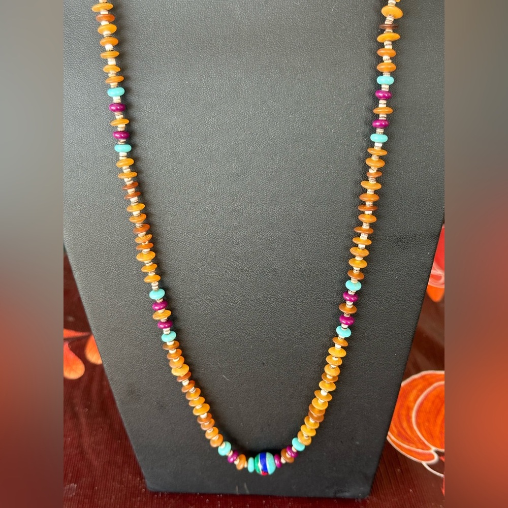 Zuni Southwest Amber and Multi Gemstone Beaded Necklace 28"